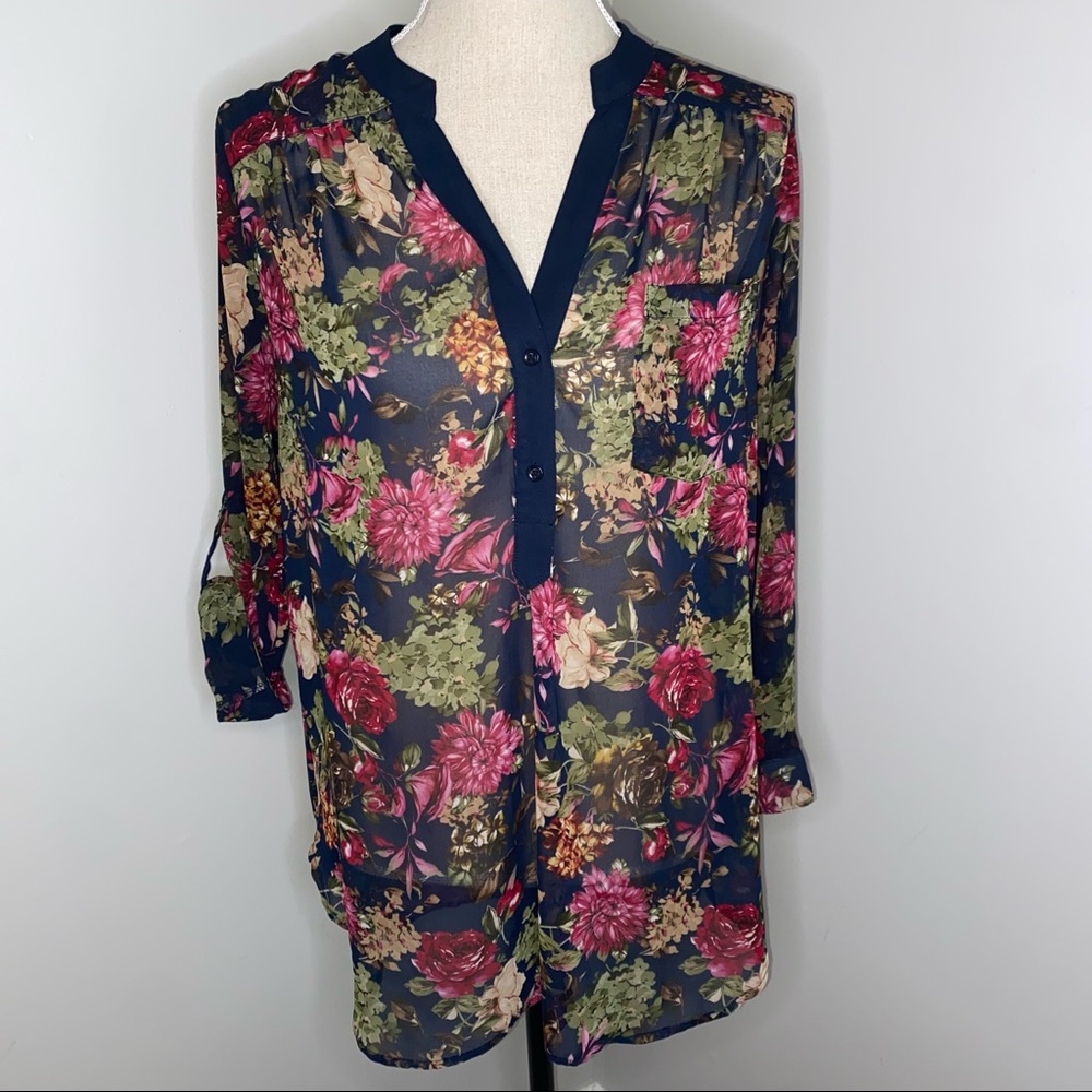 Pleione navy blue floral V-neck sheer 3/4 sleeves oversized blouse top sz Small